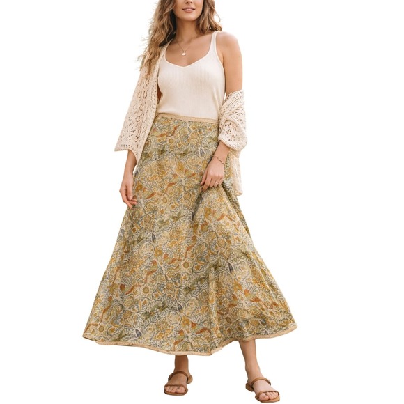 Sundance Dresses & Skirts - Sundance Silk Skirt Sz 12 Boho Floral Bird Print Midi A-Line Cottagecore Prairie